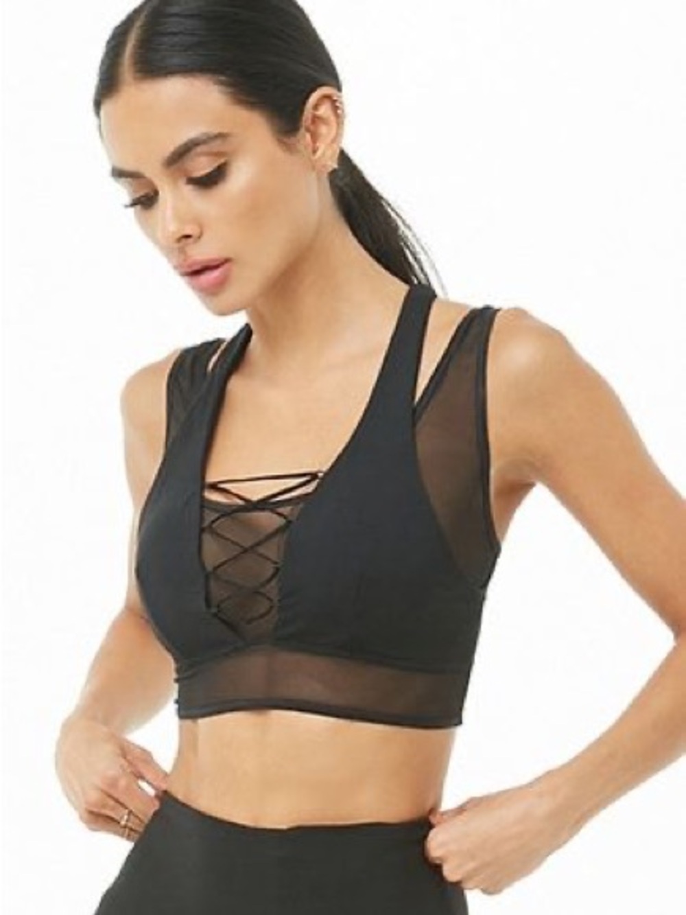 LA Society Elite Active Wear Black Mesh Lace-Up Sports Bra Size Large